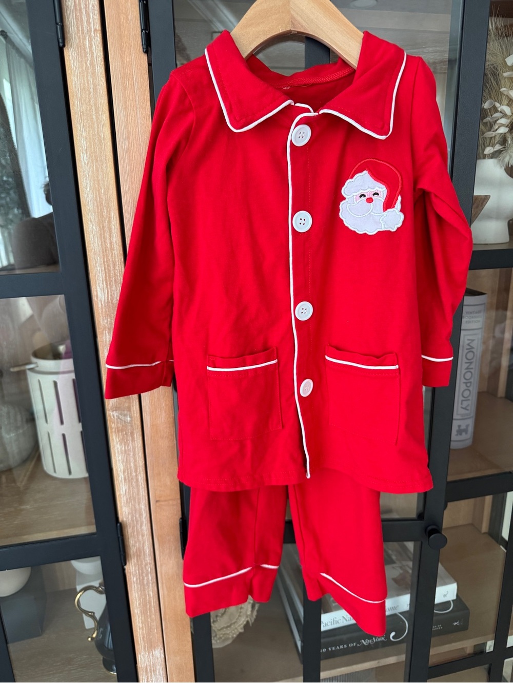 Santa appliqué Christmas pajamas set shirt long sleeve pants toddler boys collar